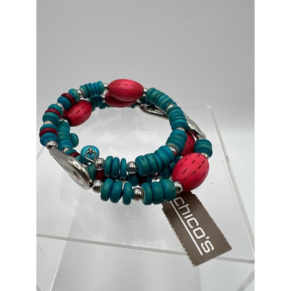 Chico's Wood Bead‎ Wrap Bracelet Boho Coastal Southwest Turquoise Red Wood OS